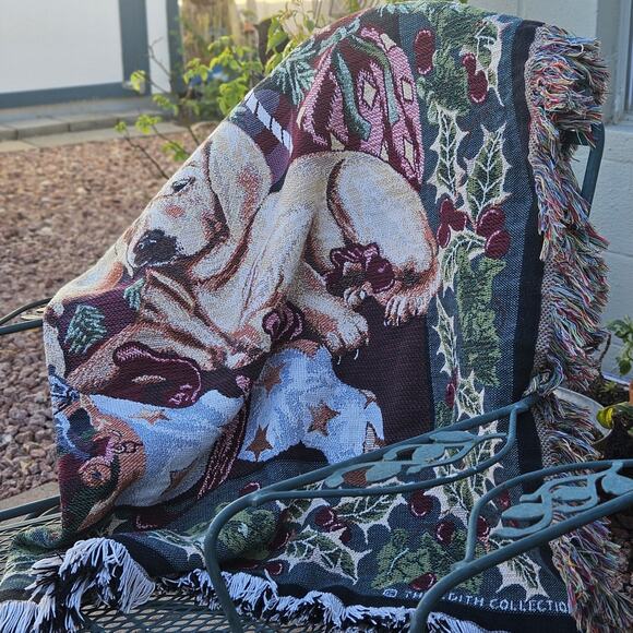 Goodwin Weavers Throw Blanket Dog Tapestry Green Christmas Cottage Vtg 44x65 USA - Picture 2 of 11